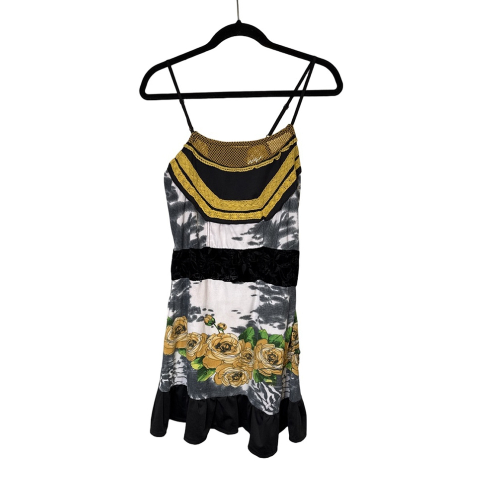Women’s Dress Multi Pattern Yellow Rose Floral Velvet Trim Tiered Hem Size M